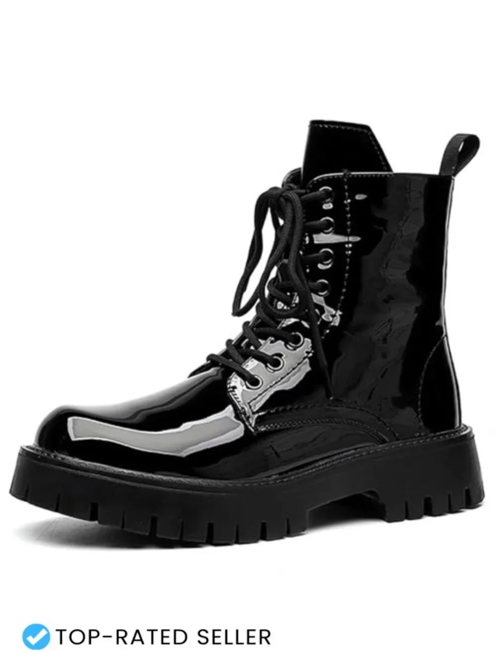 Men's Platform Combat Boots Patent Leather Lace Up Side Zipper Chunky Lug Sole